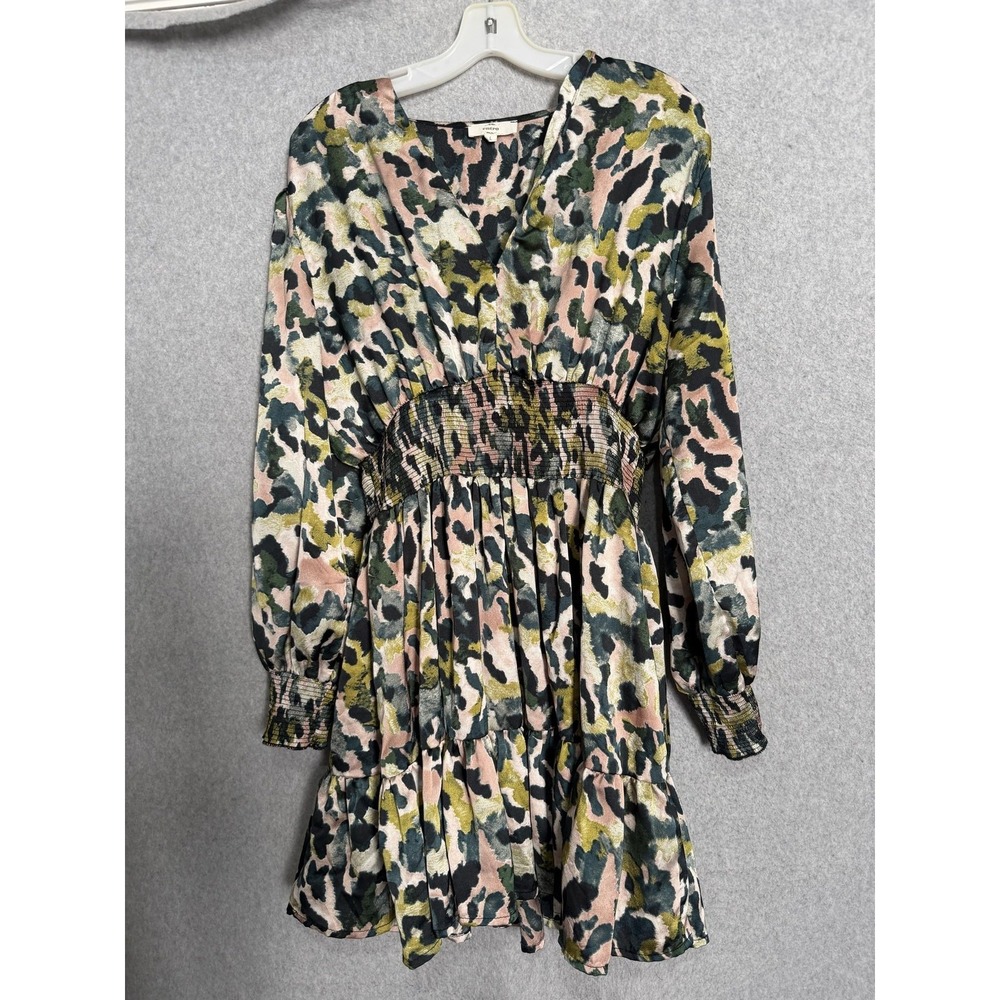 Entro Dress Womens L Multicolor Animal Print Smocked Ruffle Long Sleeve Mini